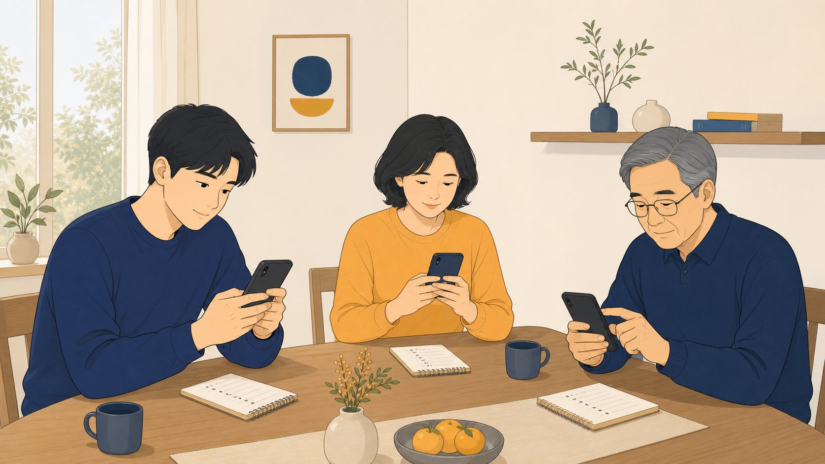 가족이 식탁에서 휴대전화로 부고 메시지를 분담해 작성하는 장면 일러스트
