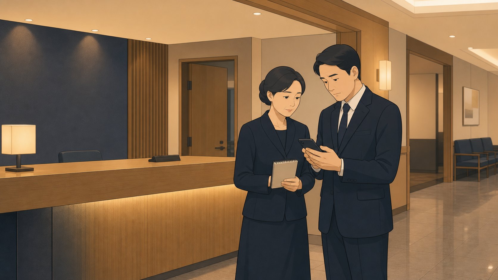 빈소 안내데스크에서 가족이 노트와 휴대전화로 화장장 예약 일정을 확인하는 장면 일러스트