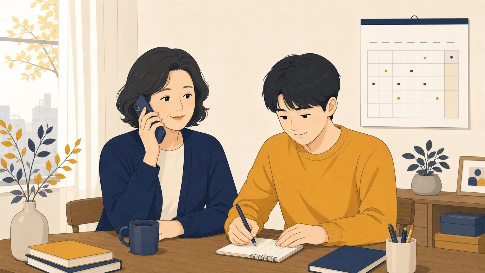 가족이 식탁에서 전화기로 공설 화장장 예약 시간대를 알아보고 노트에 적는 일러스트