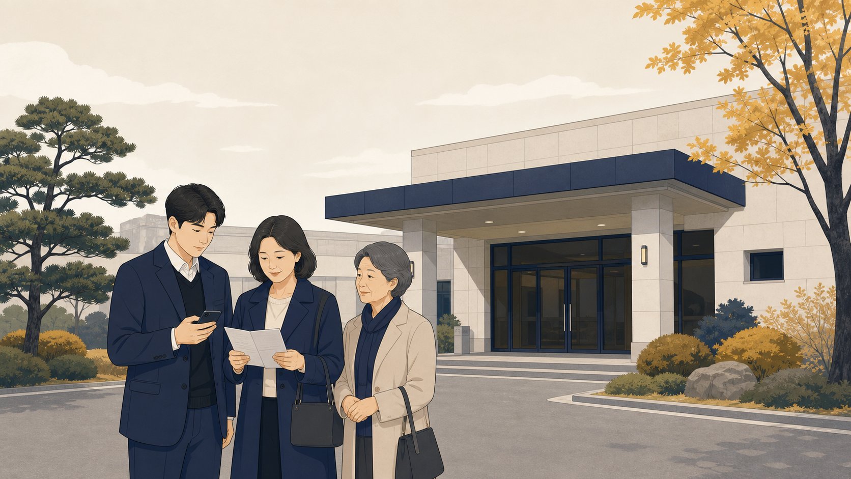 공설 화장장 입구 앞에서 가족이 일정표와 휴대전화로 발인 시간을 확인하는 일러스트