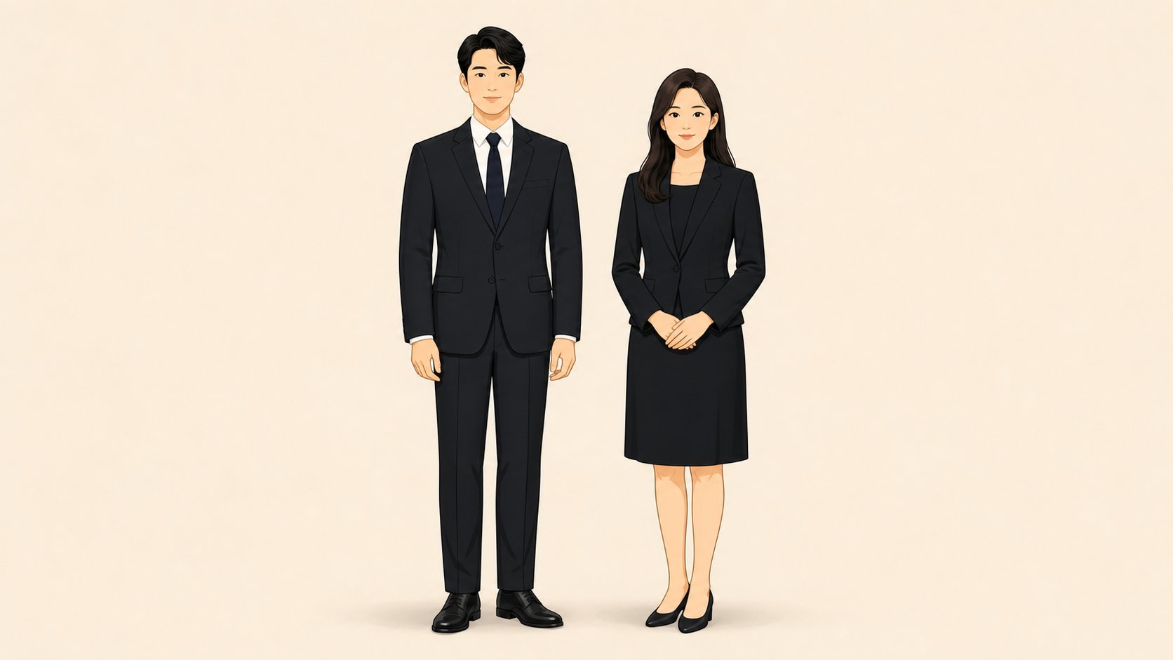 남성과 여성 조문객의 검정 정장과 단정한 어두운 복장 차림을 보여주는 일러스트