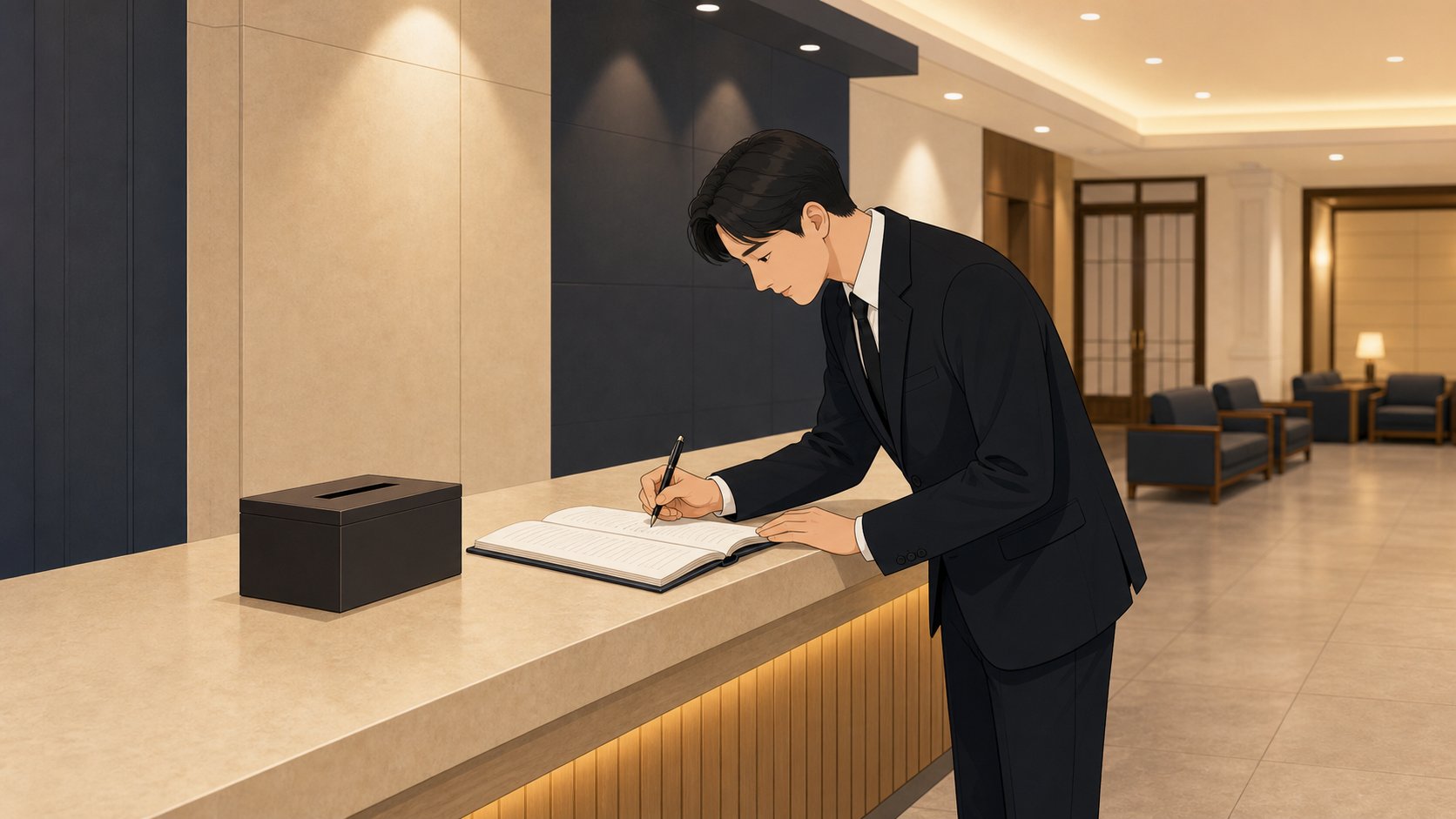 조문객이 빈소 안내데스크 방명록에 이름을 쓰는 차분한 일러스트