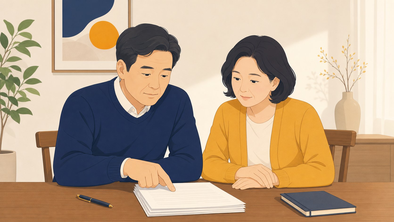 가족이 식탁에서 상조 계약서와 안내서를 함께 살펴보는 차분한 일러스트