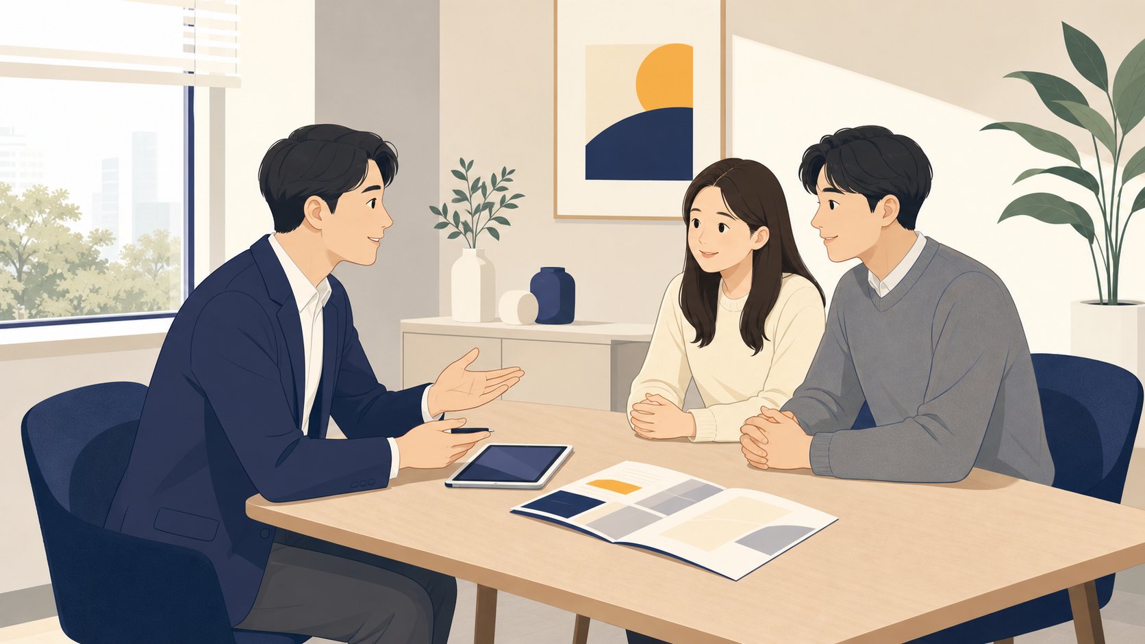 상담사와 가족이 작은 책상에서 상조 조건을 비교하며 이야기 나누는 일러스트
