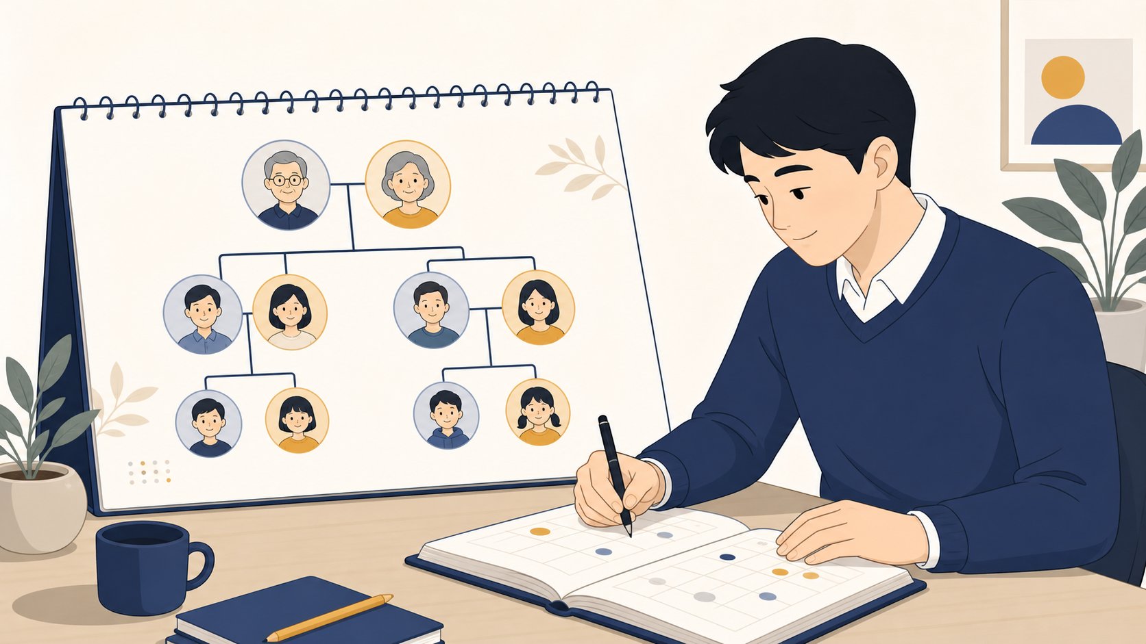 가족 관계 도식 옆에서 한 인물이 일정표를 정리하는 차분한 일러스트