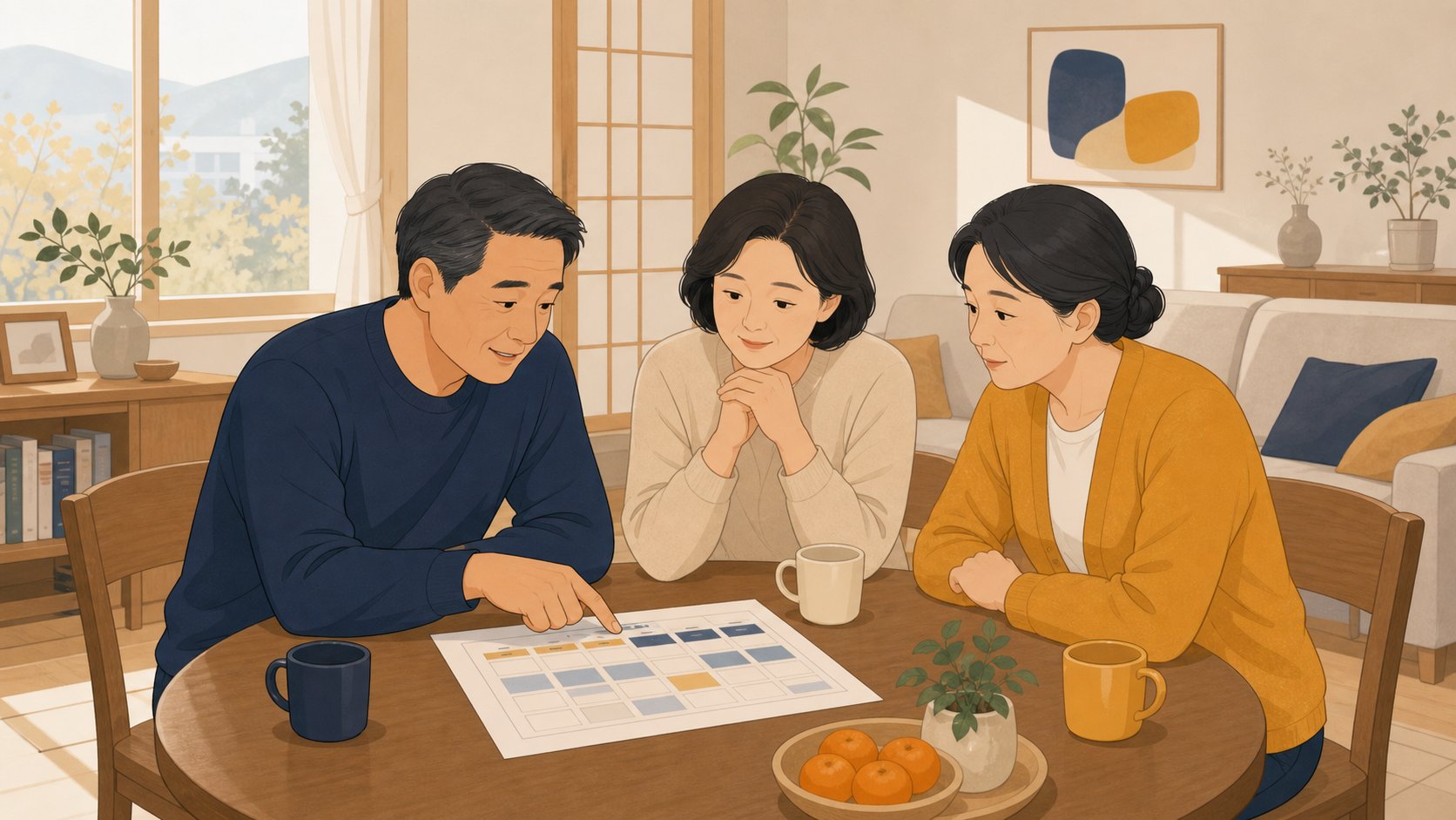가족 셋이 거실 식탁에 둘러앉아 일정표와 노트를 보며 차분히 이야기하는 장면