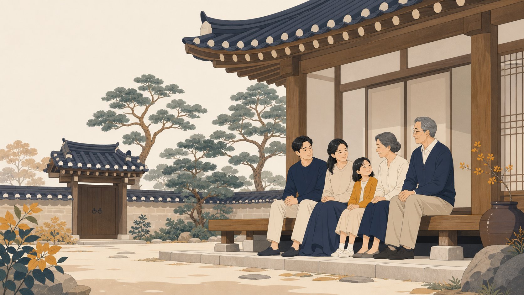 산자락 작은 사찰 마당에 차분히 앉은 한국 가족, 영정과 향로 없이 단정한 분위기