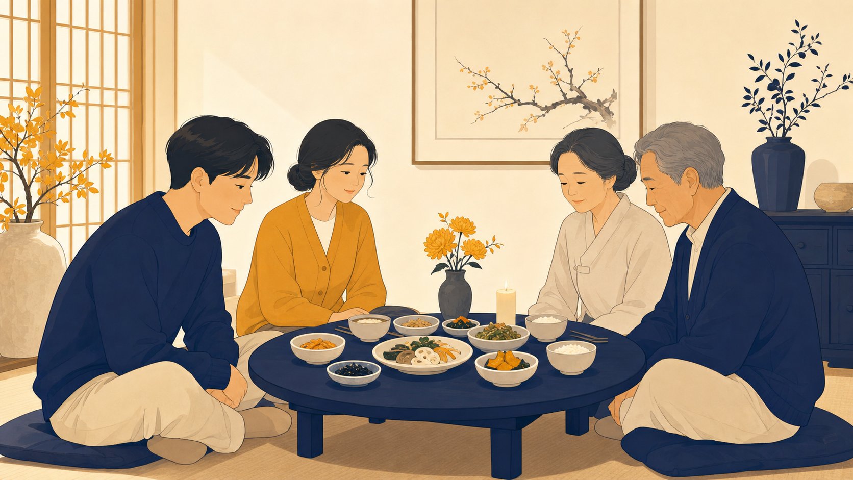 단정한 거실 식탁에 가족이 둘러앉아 추모하며 함께 식사하는 장면