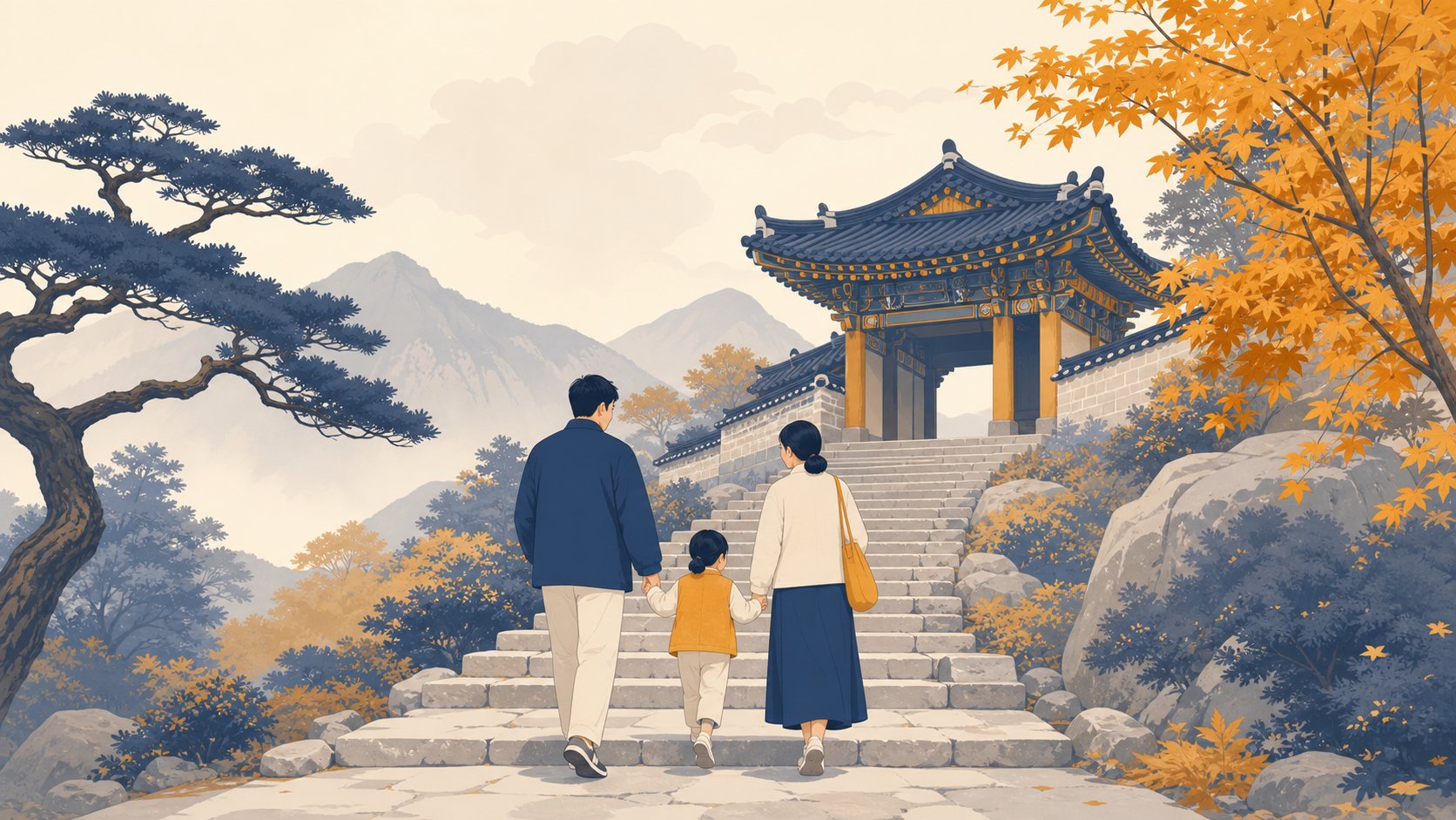 작은 사찰 입구 돌계단을 가족이 차분히 함께 오르는 뒷모습 풍경