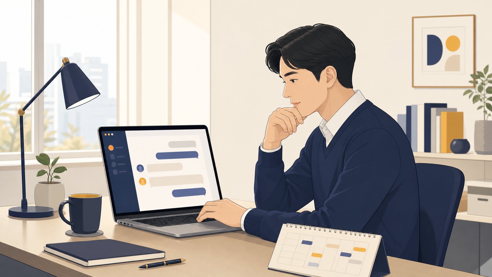 사무실 노트북 화면을 보며 차분히 부고 메시지를 작성하는 손과 옆에 놓인 작은 일정표
