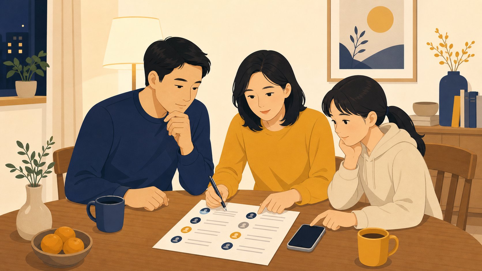 가족이 식탁에 둘러앉아 연락처 명단을 정리하며 부고를 준비하는 차분한 장면