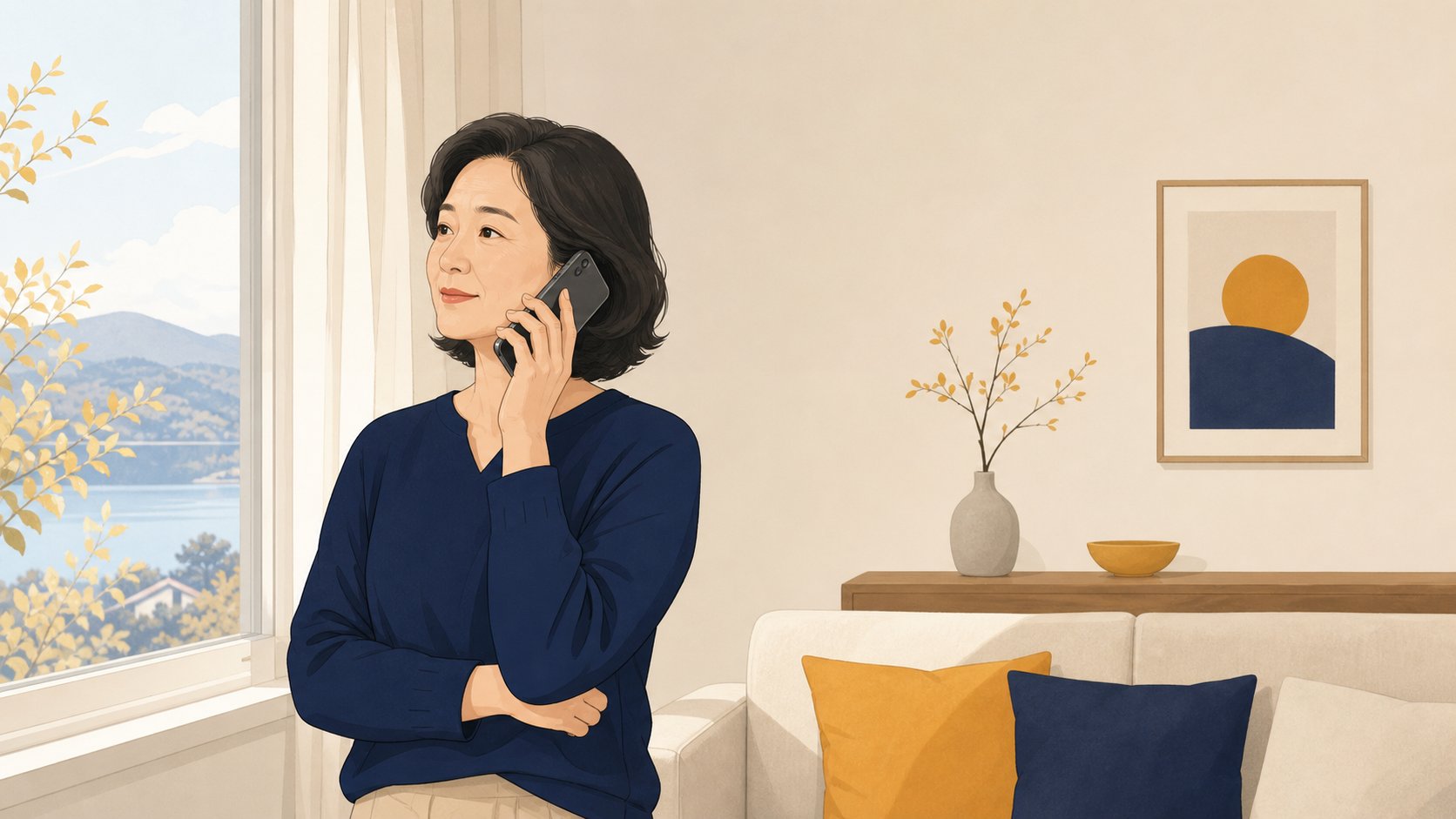 거실 창가에서 휴대폰을 들고 차분히 통화하는 중장년 인물의 옆모습