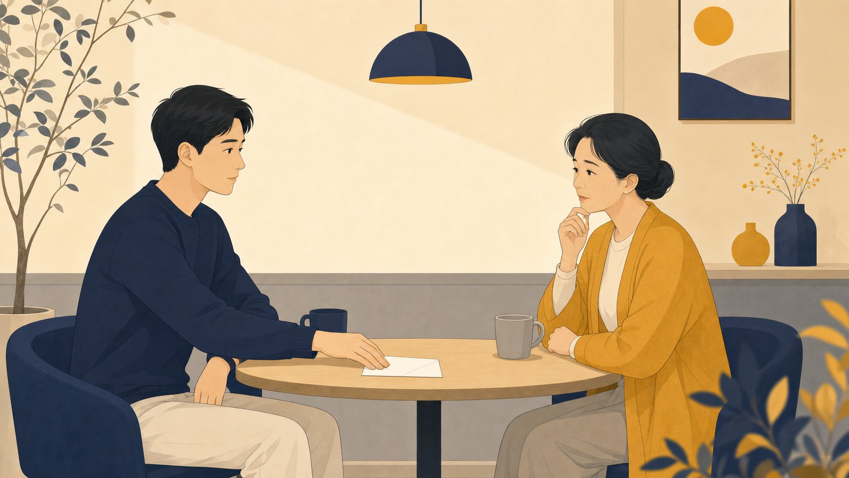 두 사람이 마주 앉아 봉투와 펜을 두고 차분히 이야기하는 일러스트