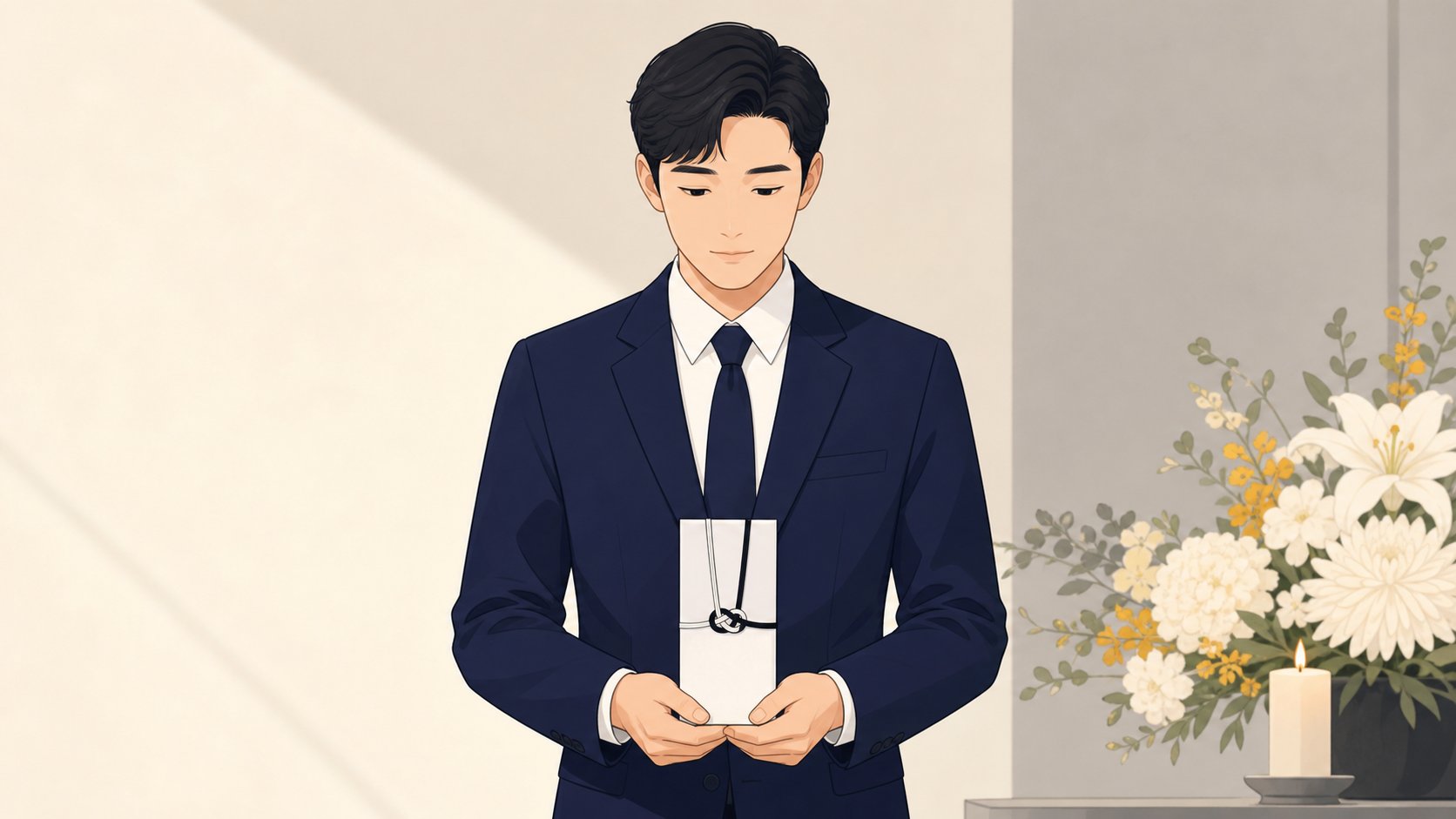 단정한 양복 차림 인물이 봉투를 두 손으로 가지런히 들고 있는 모습