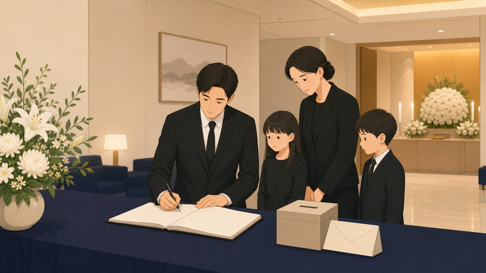 빈소 접수대 앞에서 단정한 옷차림으로 방명록을 작성하는 손과 옆에 놓인 봉투