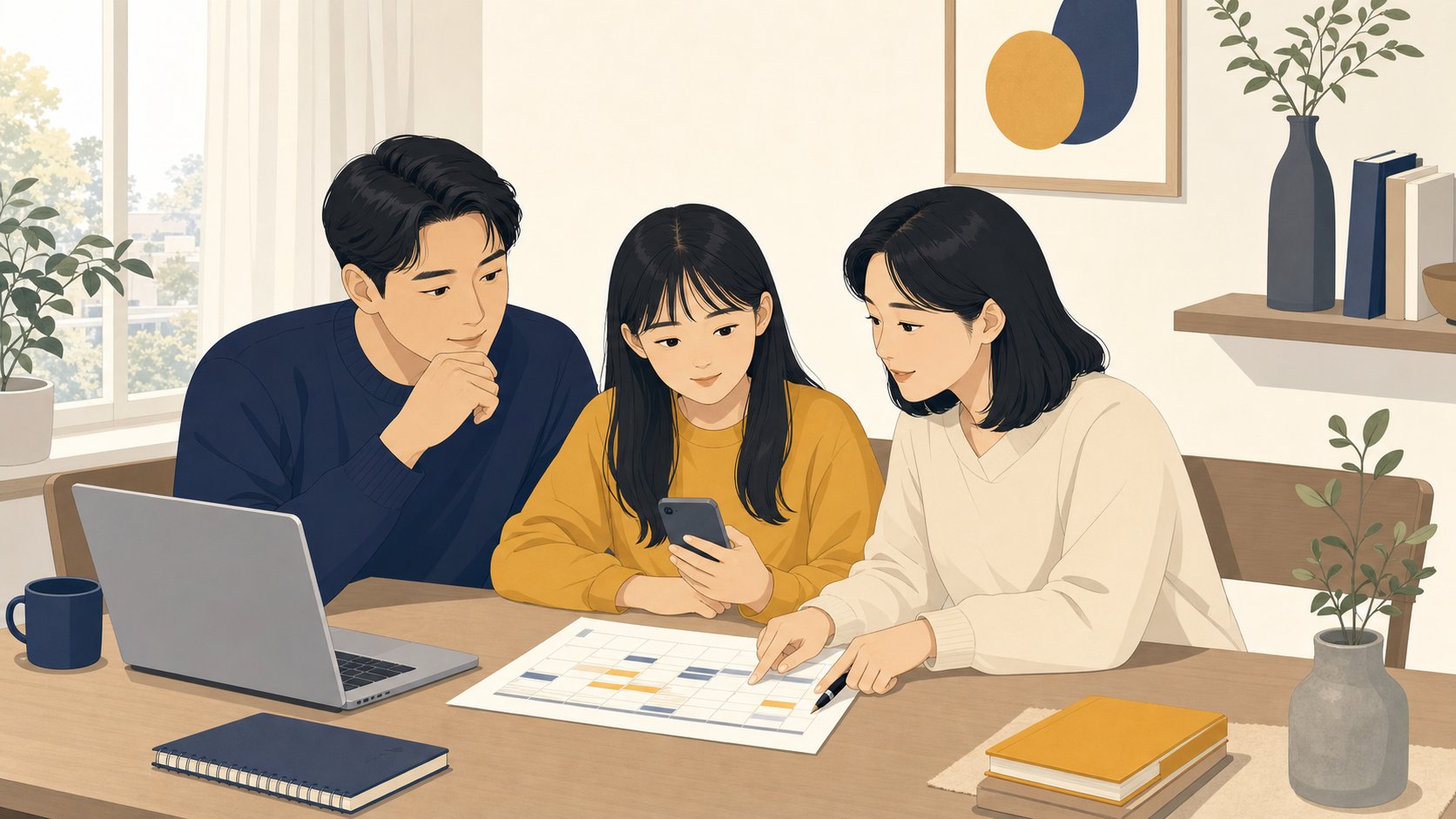 가족이 식탁에서 노트북과 휴대폰을 두고 차분히 장례 일정을 의논하는 장면