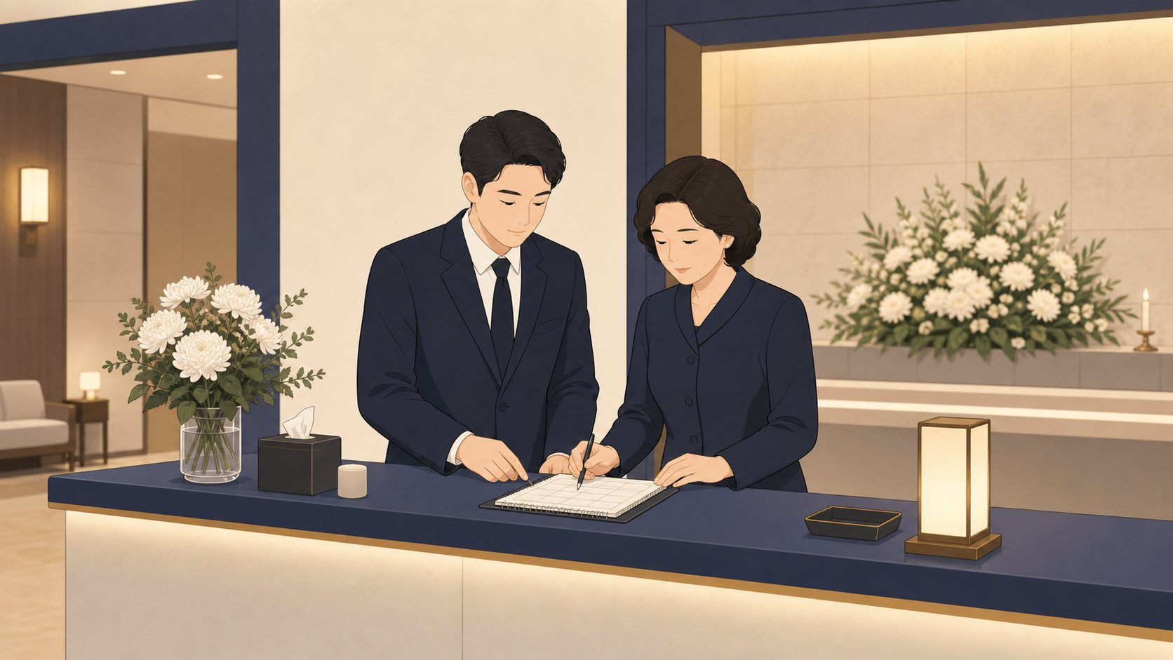 빈소 안내데스크 옆에서 가족 두 명이 차분히 일정표를 확인하며 역할을 조율하는 모습