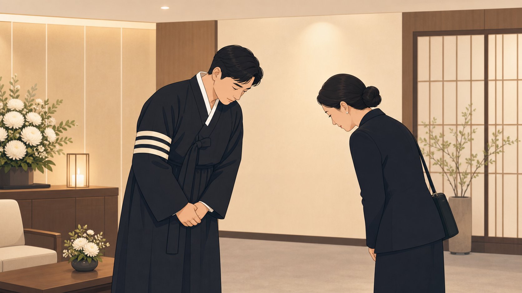 빈소 안에서 상주가 조문객과 짧게 고개 숙여 인사하는 차분한 장면
