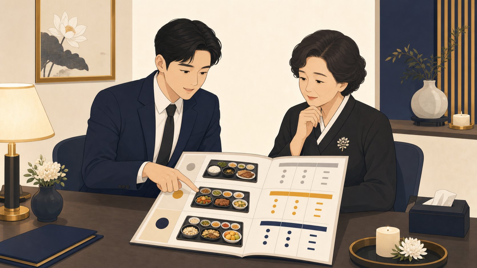 장례식장 메뉴 카탈로그와 1식 단가 표 앞에서 가족이 메뉴 등급을 차분히 비교하는 모습