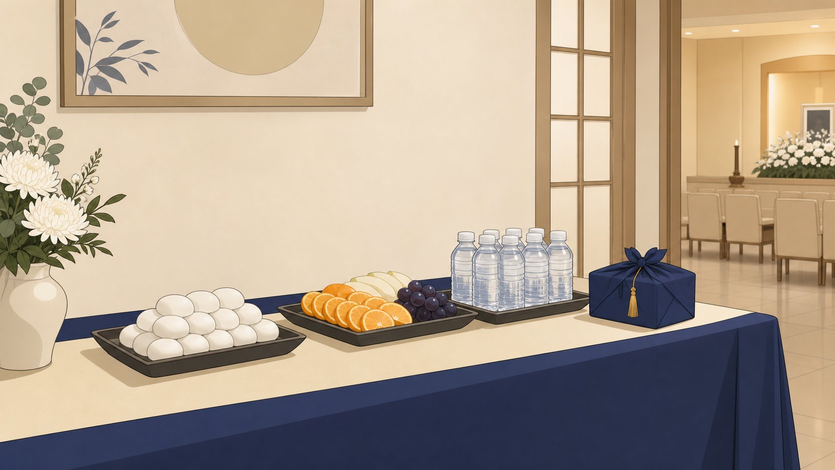차분한 빈소 다과 테이블에 음료와 답례품, 다과 세트가 단정히 정리된 모습