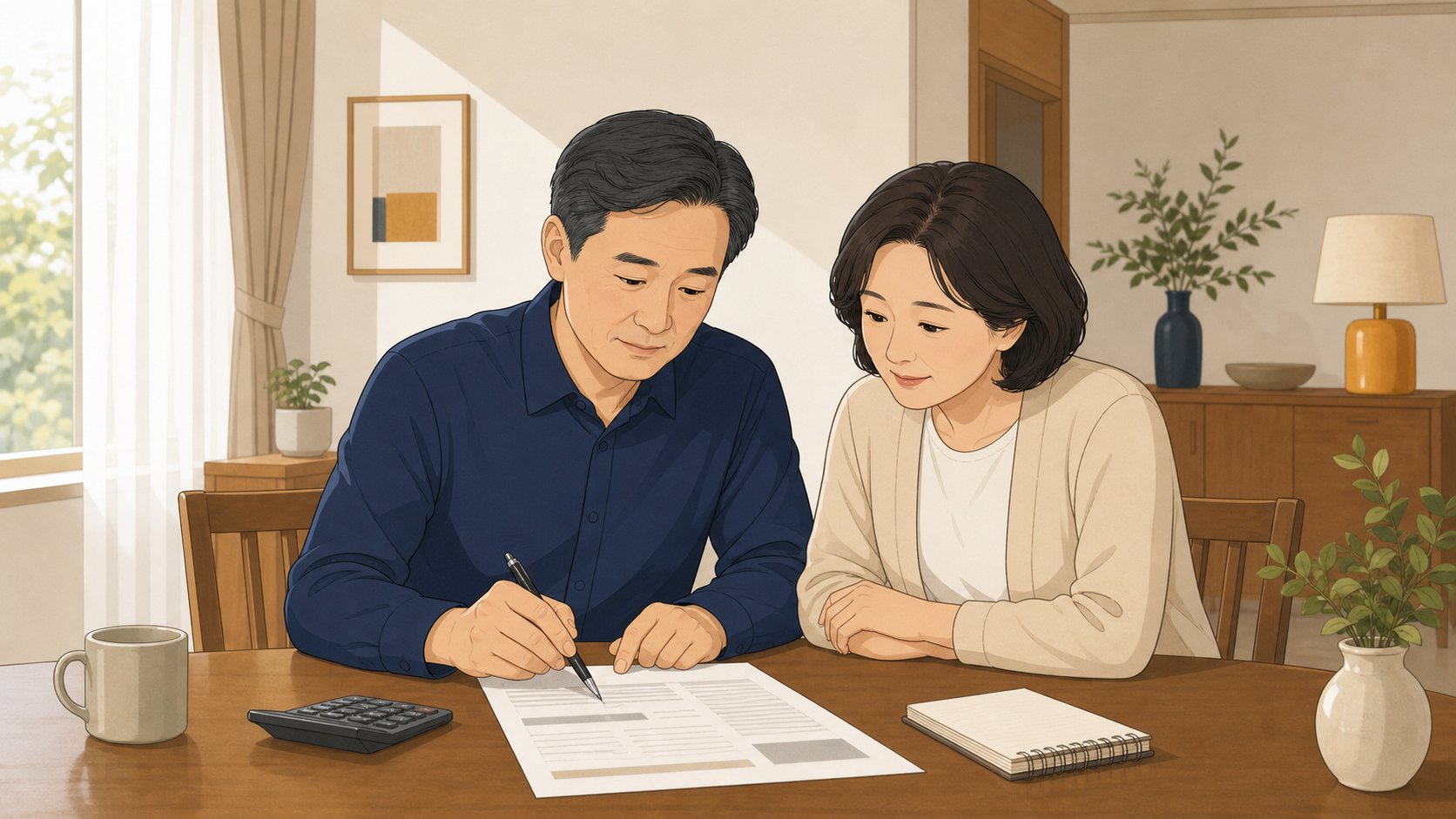 가족이 식탁에서 견적서와 계산기를 두고 메뉴 등급을 차분히 다시 정리해 보는 모습