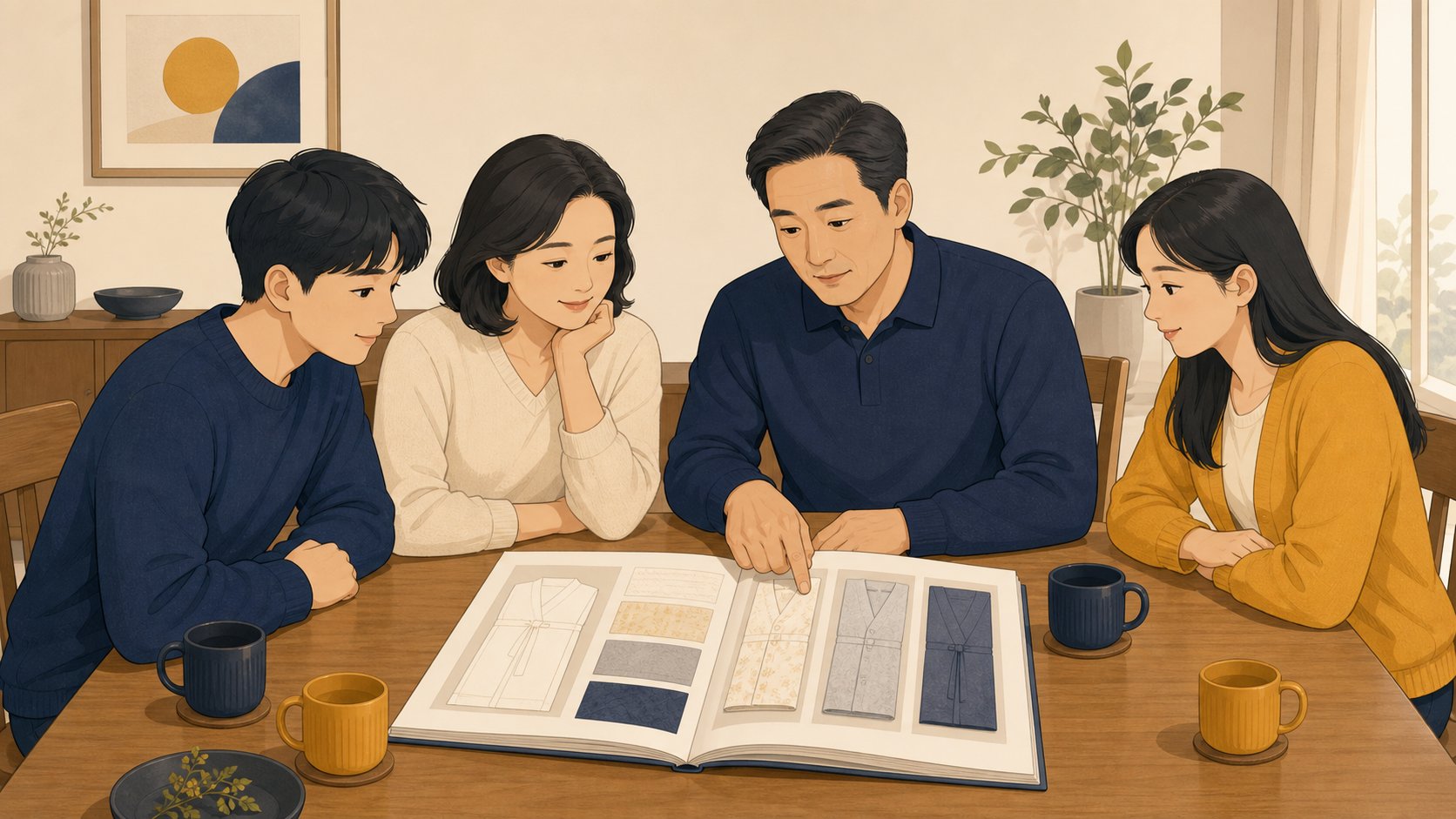 거실 식탁에 가족 네 명이 둘러앉아 수의 카탈로그를 가운데 두고 차분히 의논하는 모습