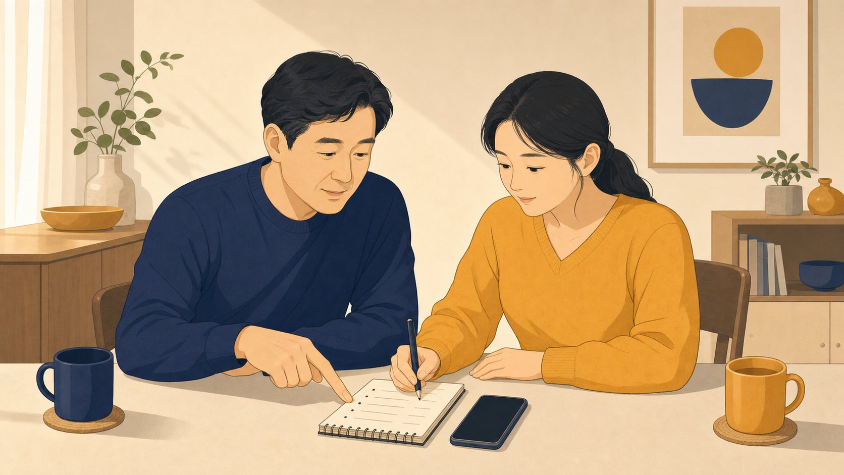 가족 두 명이 식탁에서 메모지와 휴대폰을 두고 조문객 명단을 차분히 정리하는 모습
