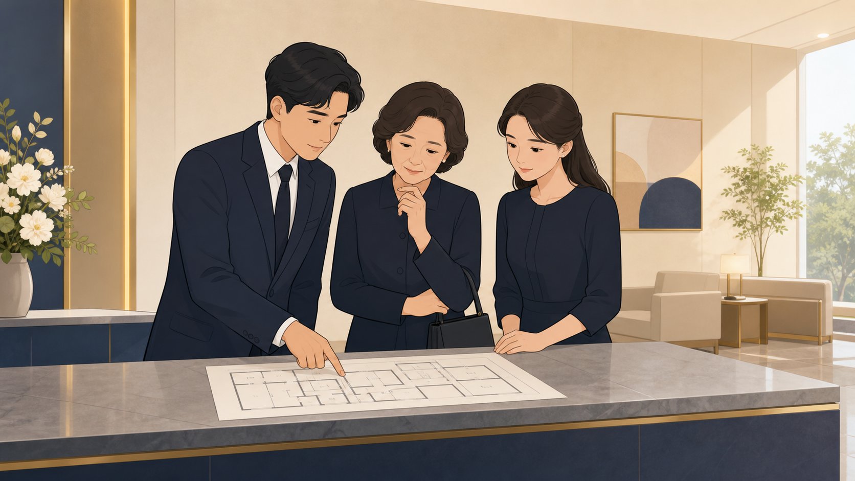 가족 세 명이 안내데스크 앞에 서서 빈소 도면을 가리키며 차분히 의논하는 모습