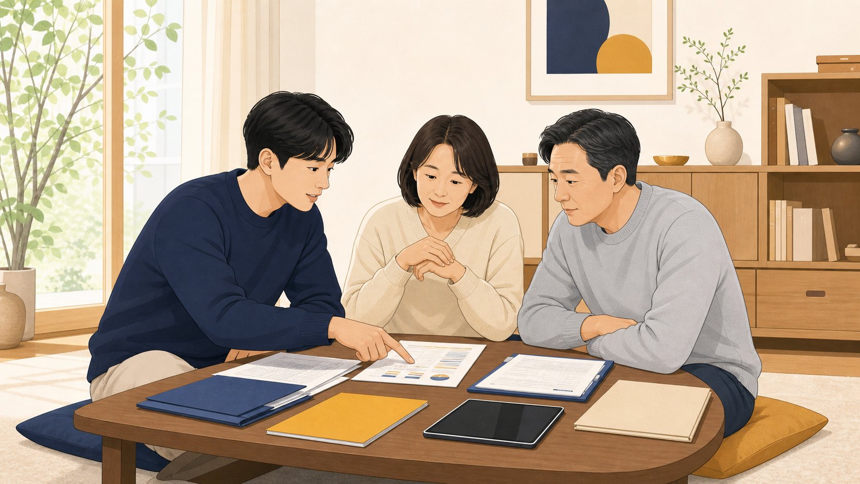 가족이 거실 식탁에 둘러앉아 자료 더미를 두고 상속 일정을 차분히 의논하는 장면