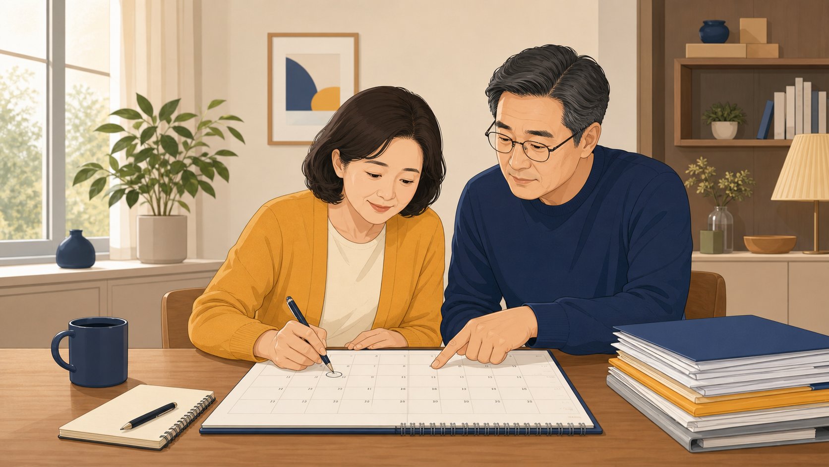 가족 두 명이 거실에서 캘린더와 서류를 펼쳐두고 행정 일정을 차분히 적어 정리하는 모습