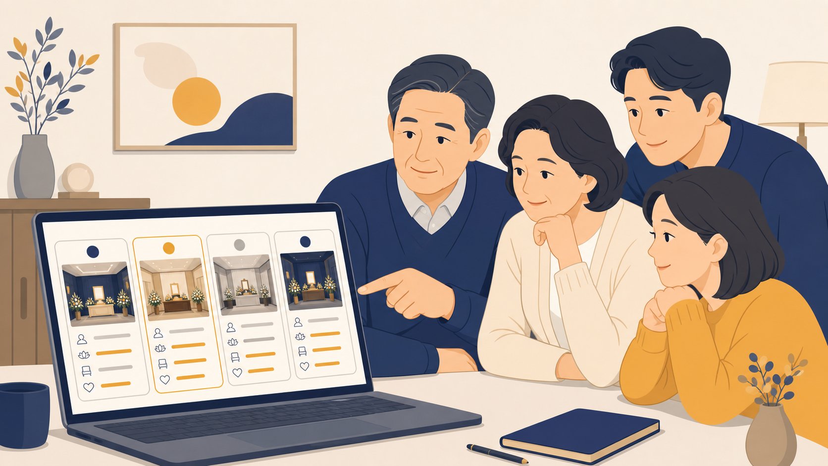 가족이 노트북으로 여러 장례식장의 비용 카드를 나란히 비교하는 모습