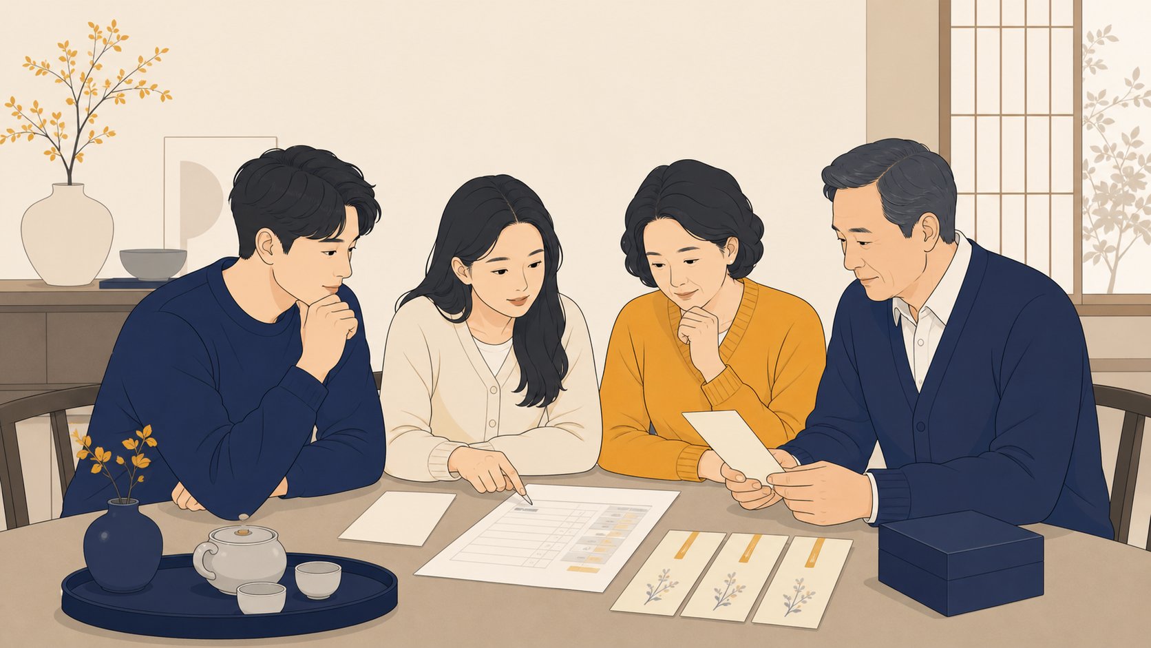 가족이 장례 견적서와 부의금 봉투를 탁자에 두고 비용 정산을 정리하는 모습