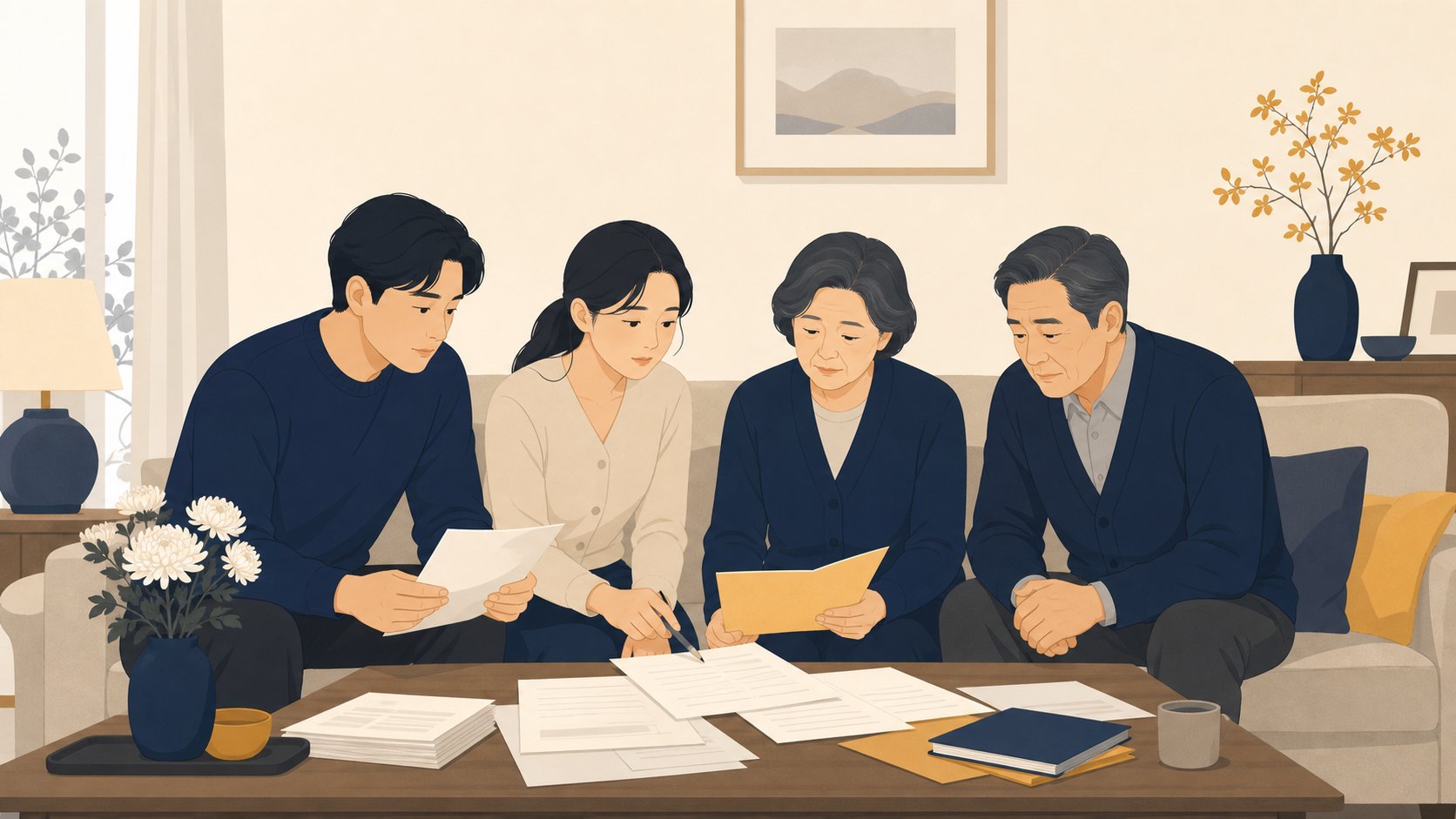 가족이 장례를 마친 뒤 거실에서 사망신고와 행정 서류를 정리하는 모습