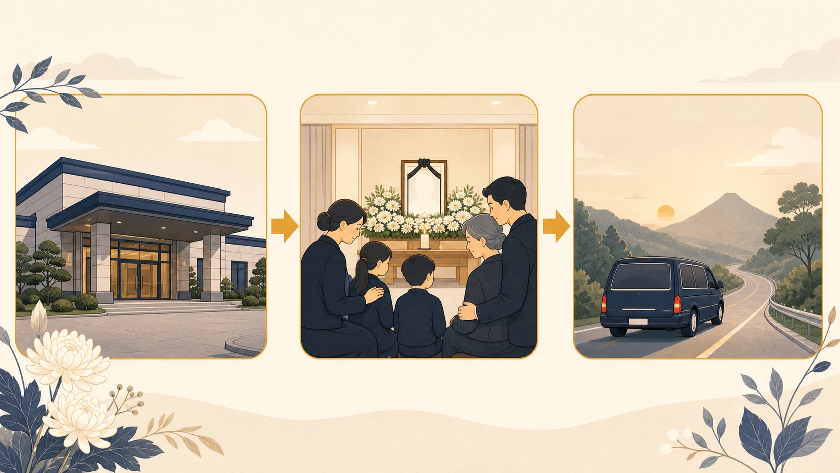 장례 첫째 날 빈소 차림부터 둘째 날 조문, 셋째 날 발인까지 3일장 흐름을 세 칸으로 표현한 일러스트