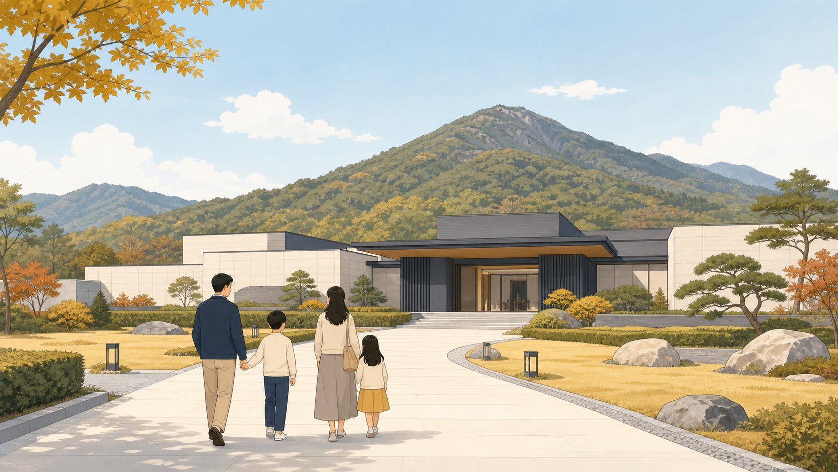 충청도 산자락에 자리한 단정한 추모공원으로 가족이 걸어 들어가는 모습