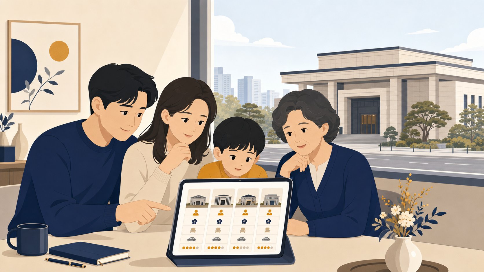 가족이 태블릿으로 여러 장례식장을 비교하는 모습과 창밖의 도시 풍경