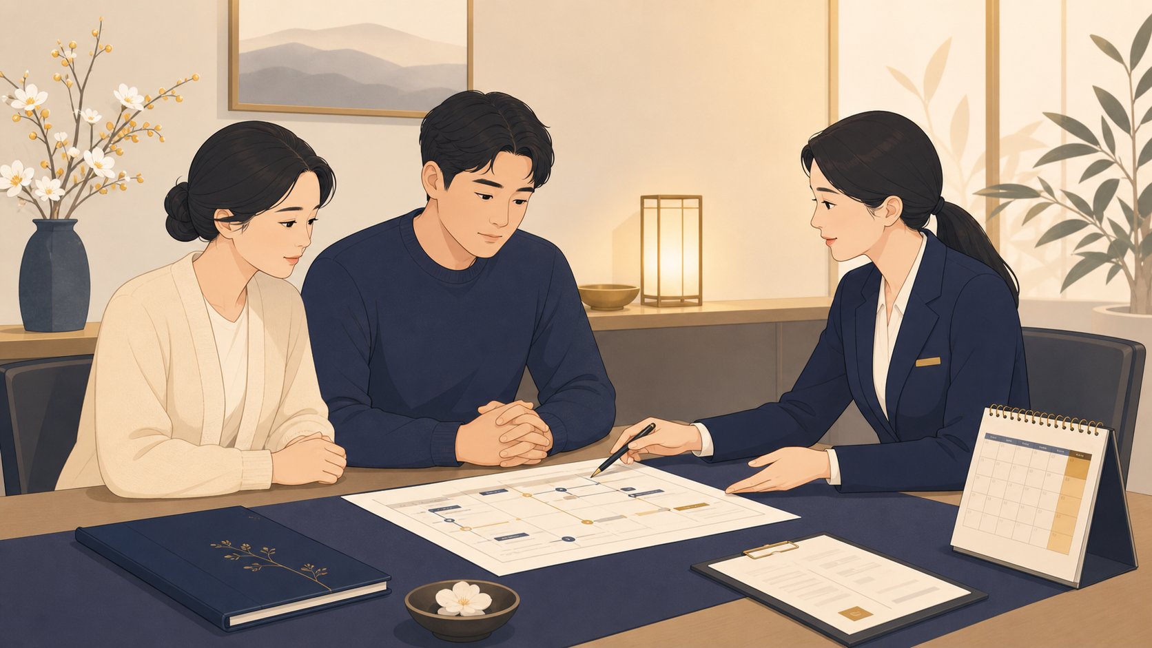 상담 테이블에서 장례 일정을 함께 짚어보는 가족과 상담사