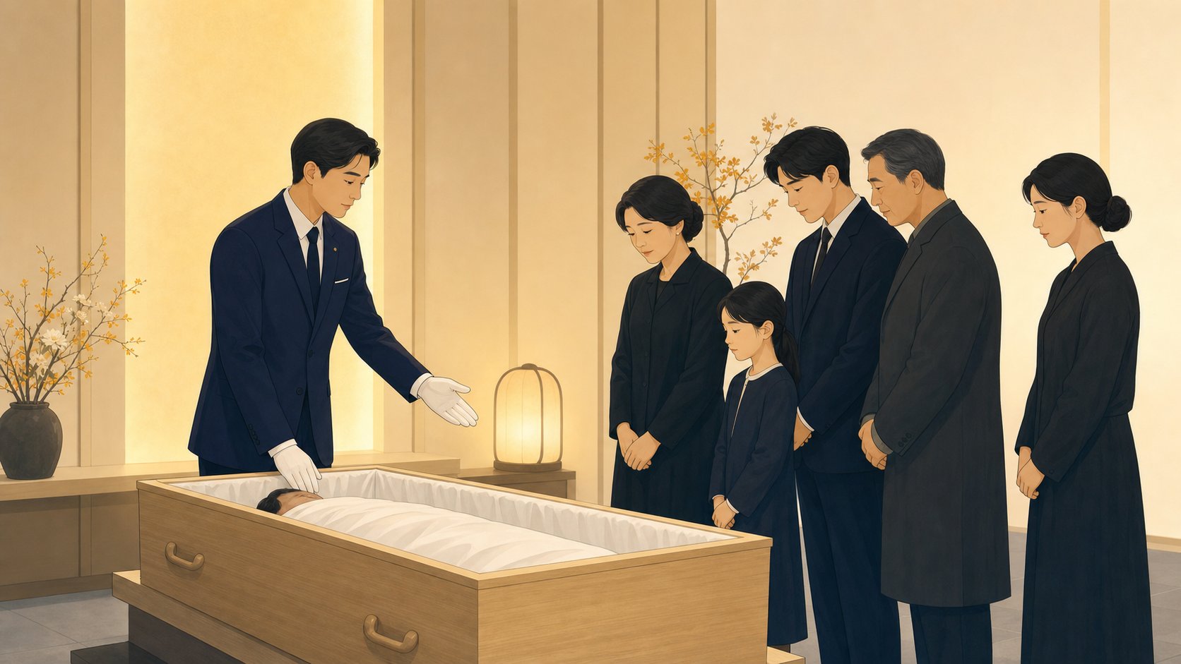장례지도사의 안내에 따라 입관 절차를 지켜보는 가족