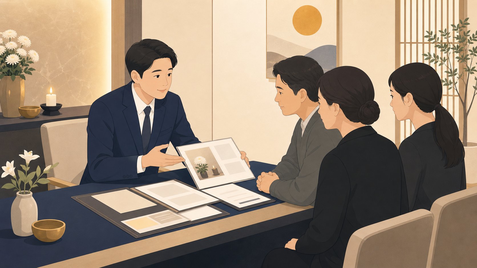 상담실에서 장례 절차를 안내받는 가족