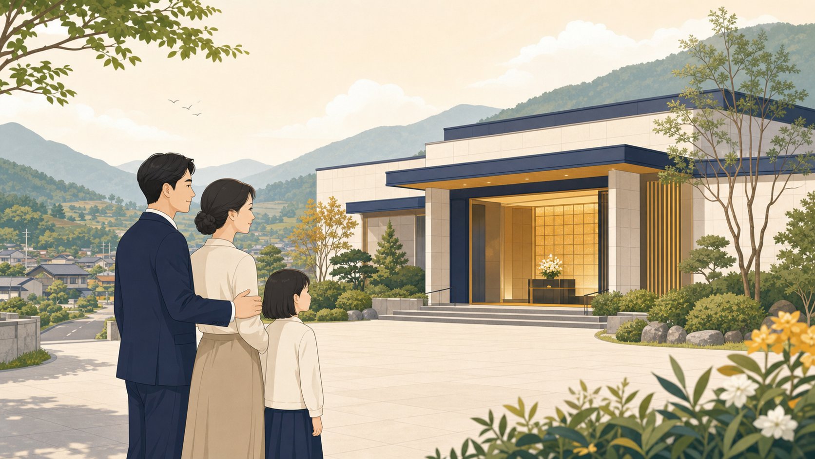 충청도 마을 인근 봉안시설 외관을 둘러보는 가족