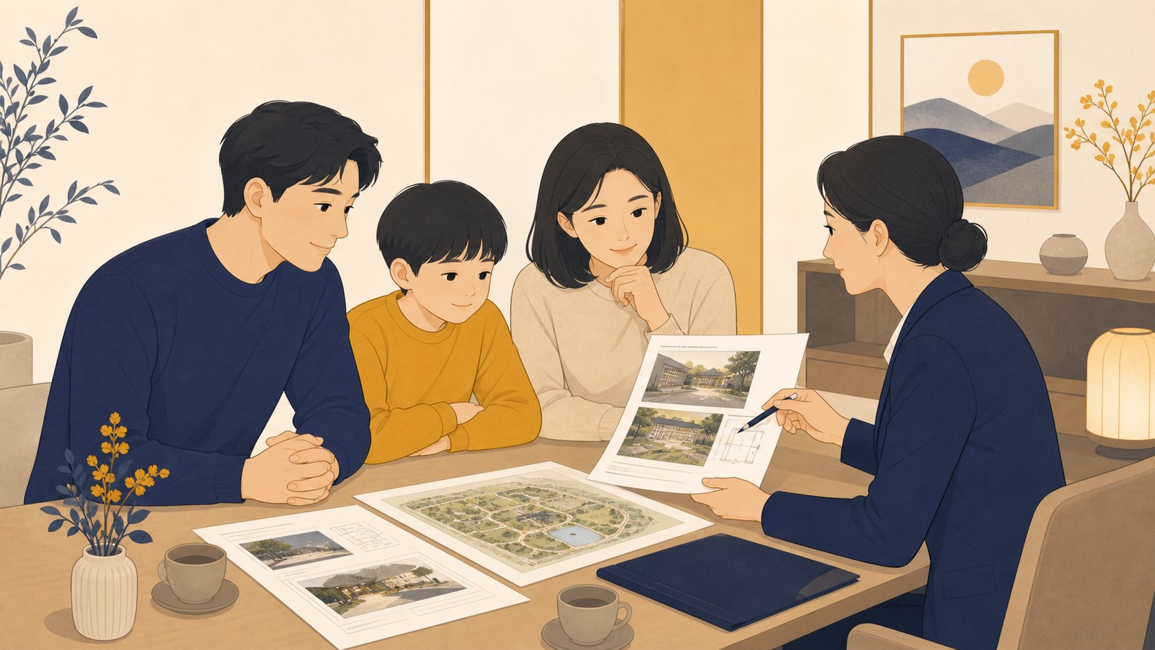 상담 테이블에서 봉안시설 자료를 함께 살펴보는 가족과 상담사