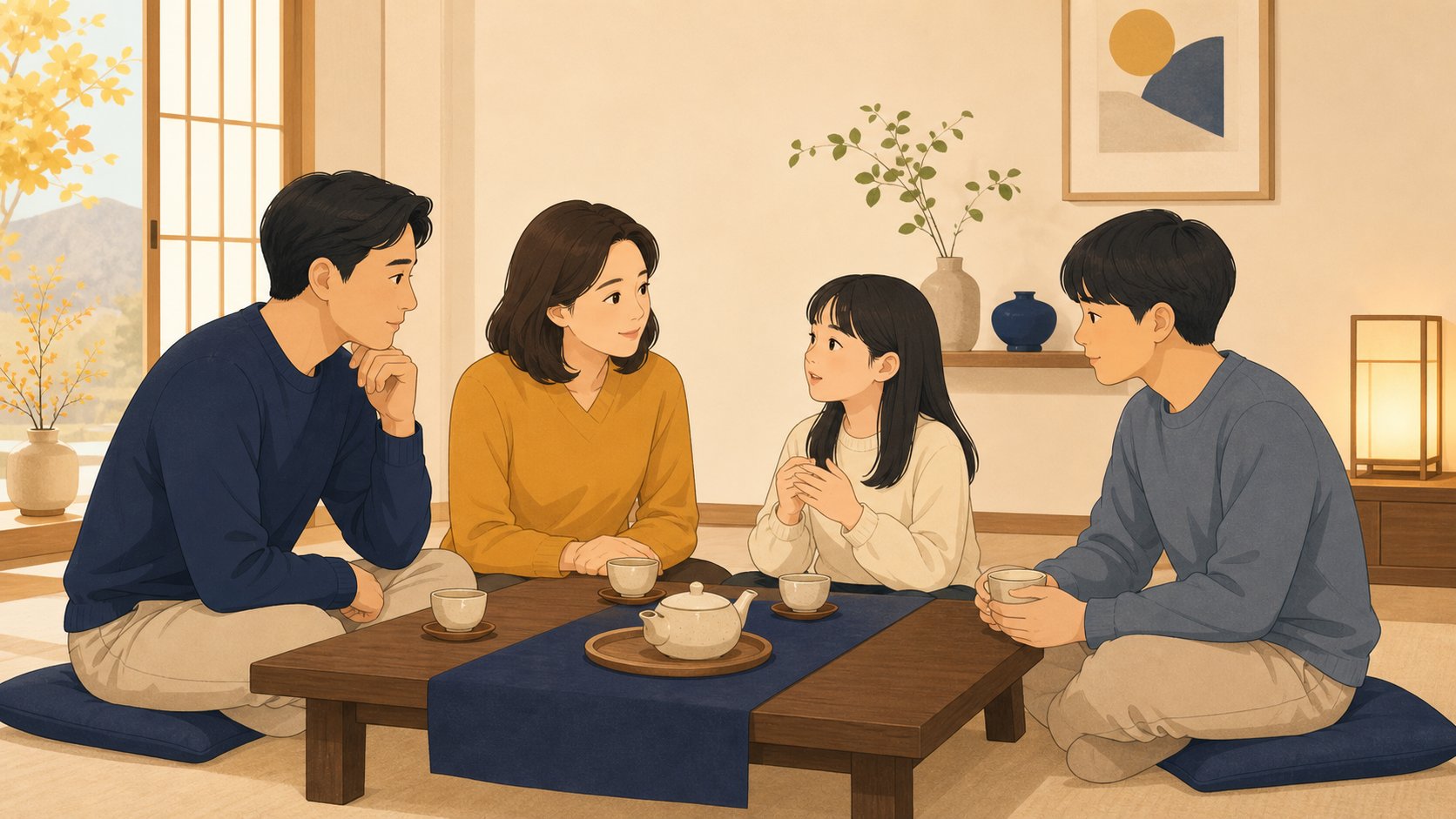 거실에 둘러앉아 작은 장례를 치를지 의논하는 가족