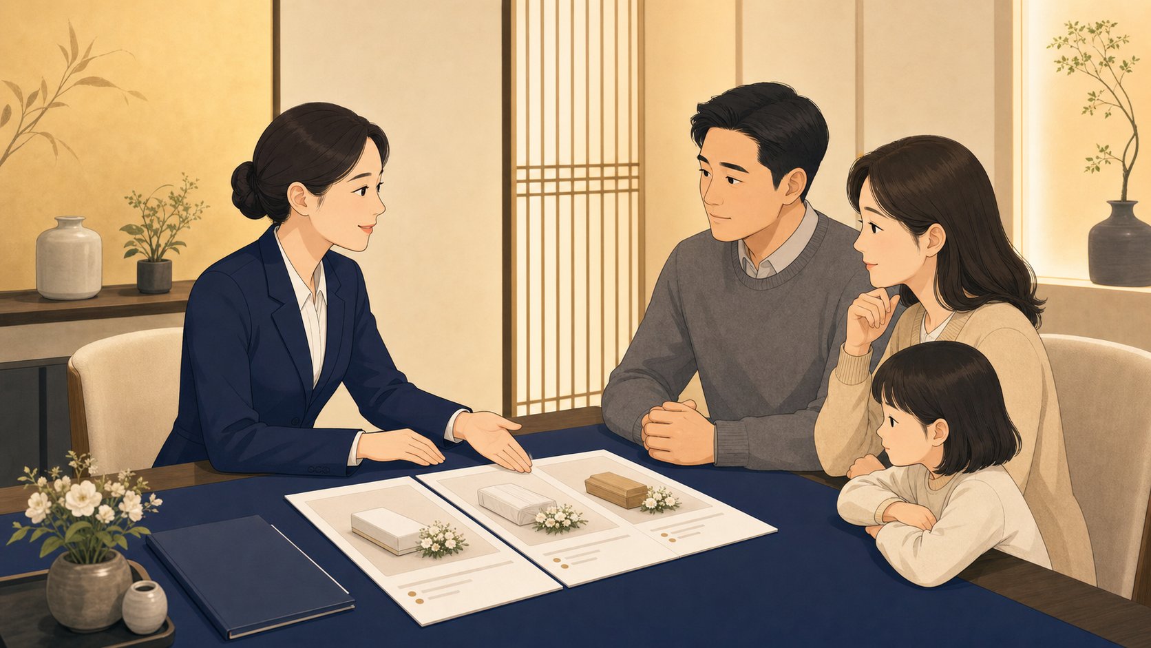 상담실에서 작은 장례 방식을 안내받는 가족