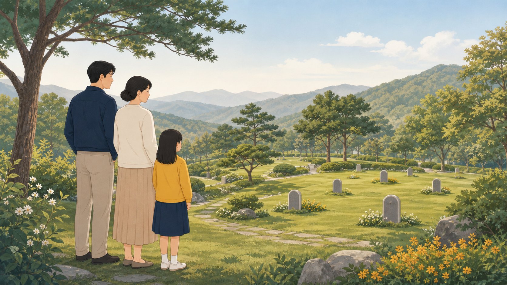 잔디와 나무가 어우러진 자연장지 구역을 살펴보는 가족