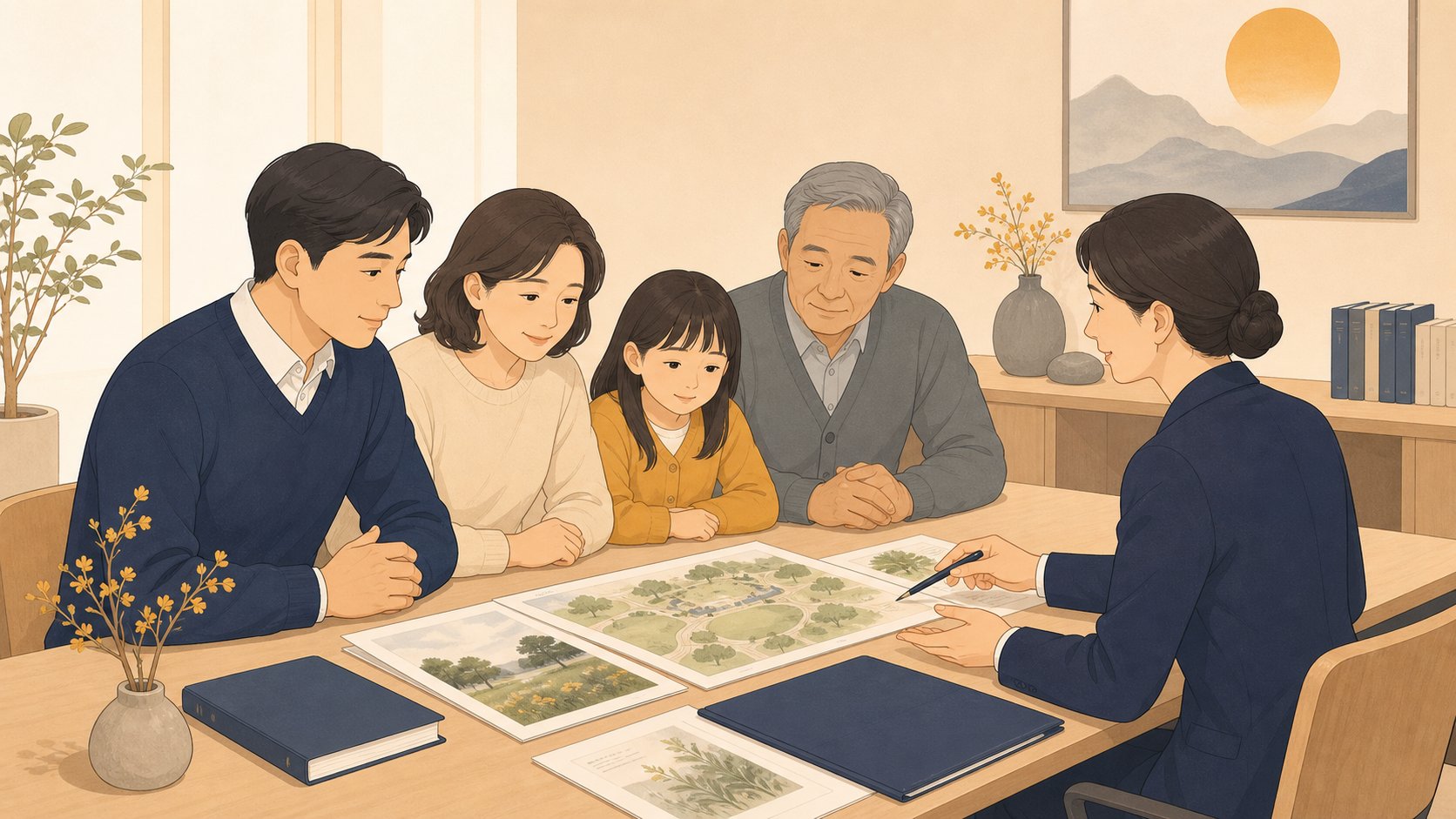 상담 테이블에서 자연장지 자료를 함께 살펴보는 가족과 상담사