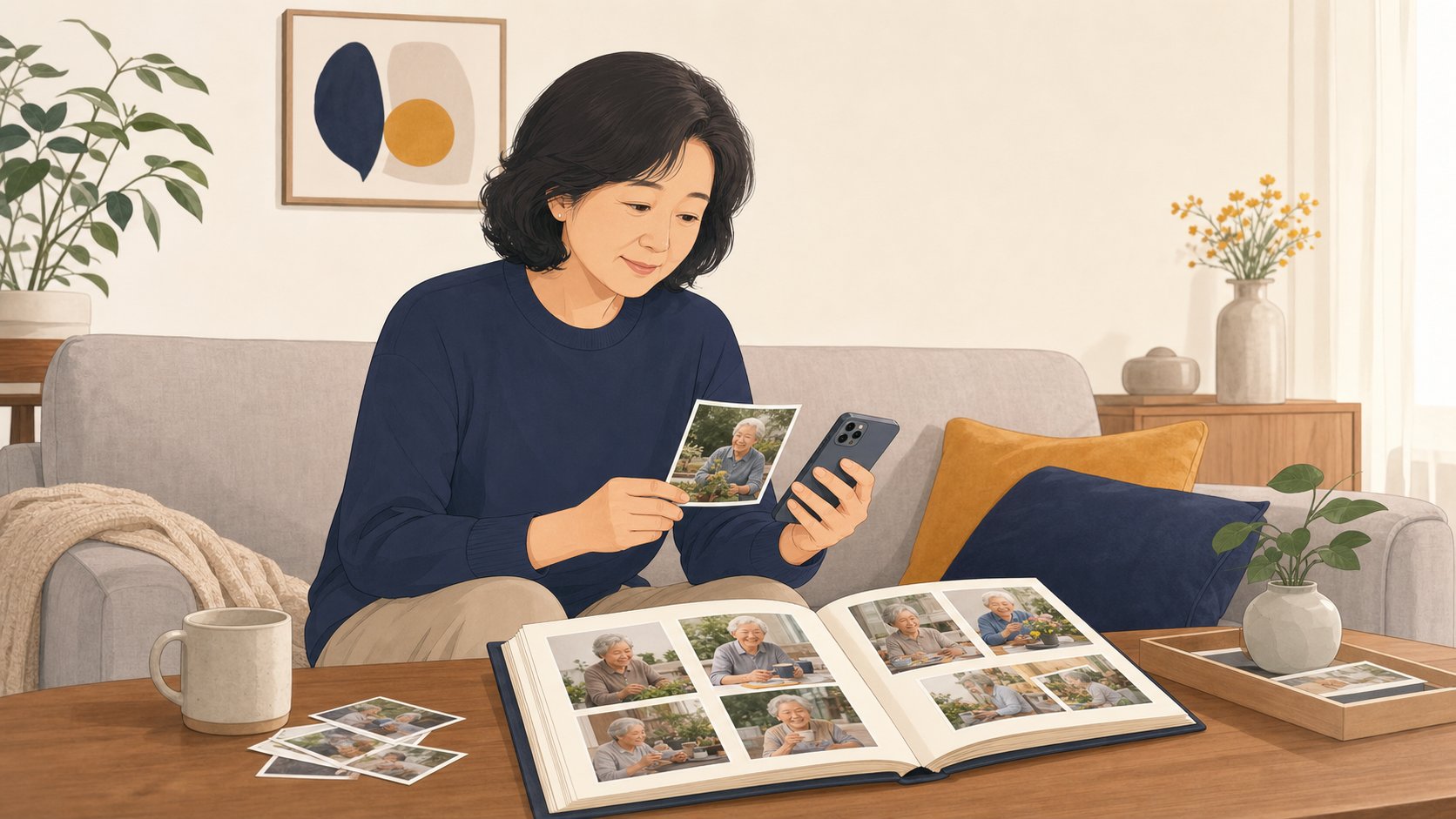 영정사진 준비 - 도음 사진첩과 휴대폰에서 부모님의 평소 사진을 차분히 고르는 중년 자녀