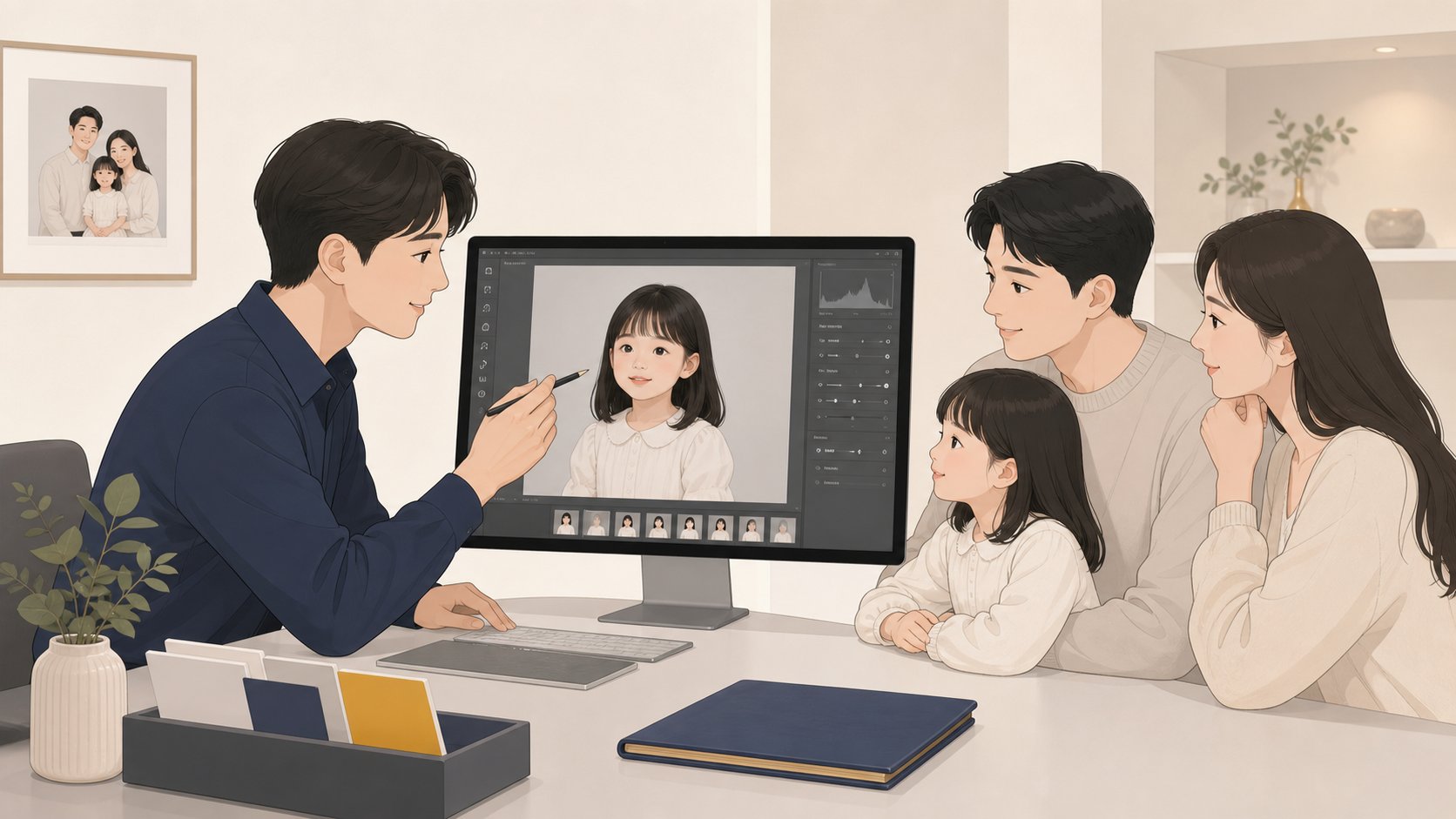 사진관에서 인물 사진의 배경과 표정 보정을 함께 확인하는 모습