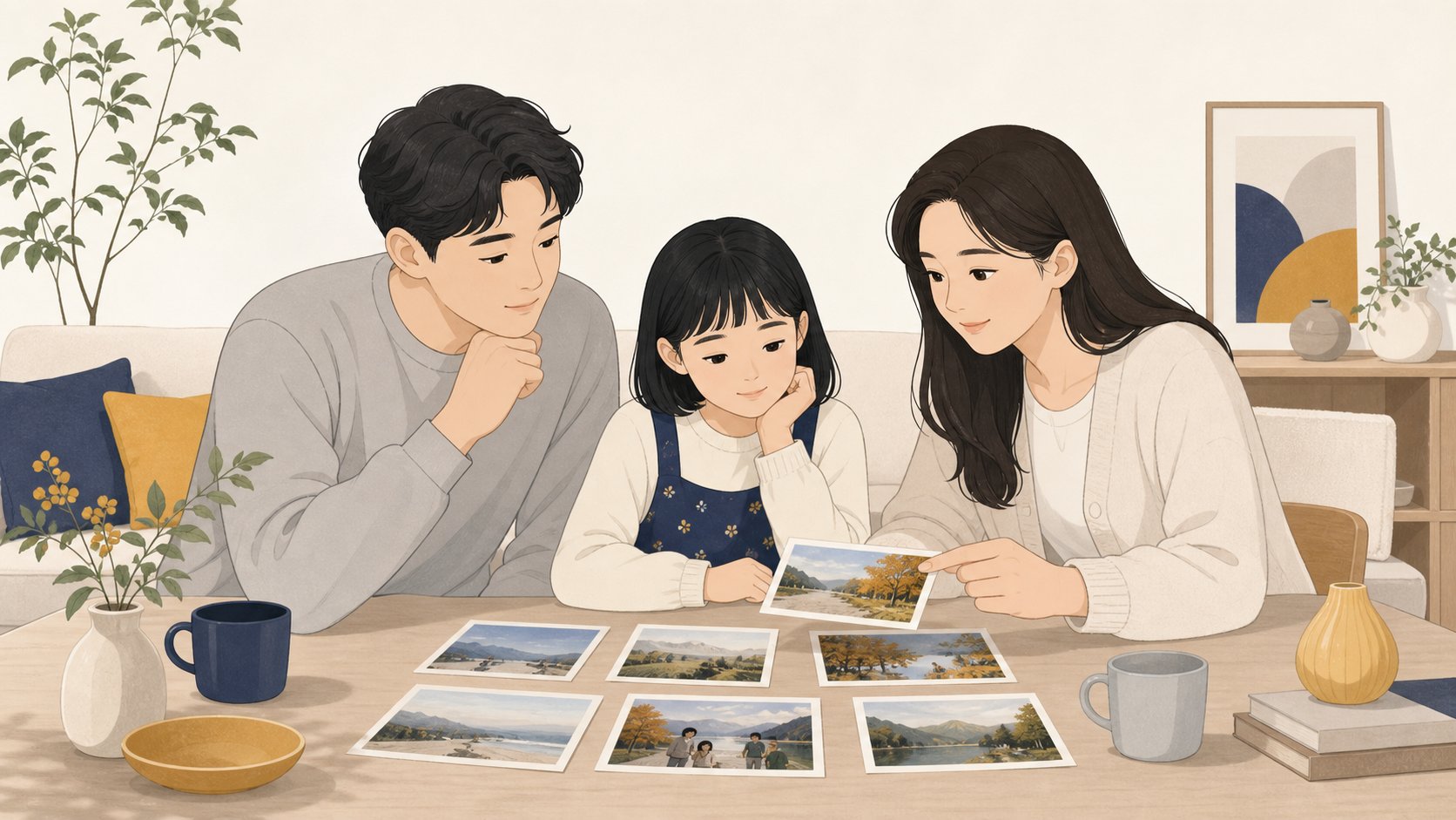 영정사진 준비 - 도음 거실에 둘러앉아 어떤 사진을 영정으로 모실지 상의하는 가족