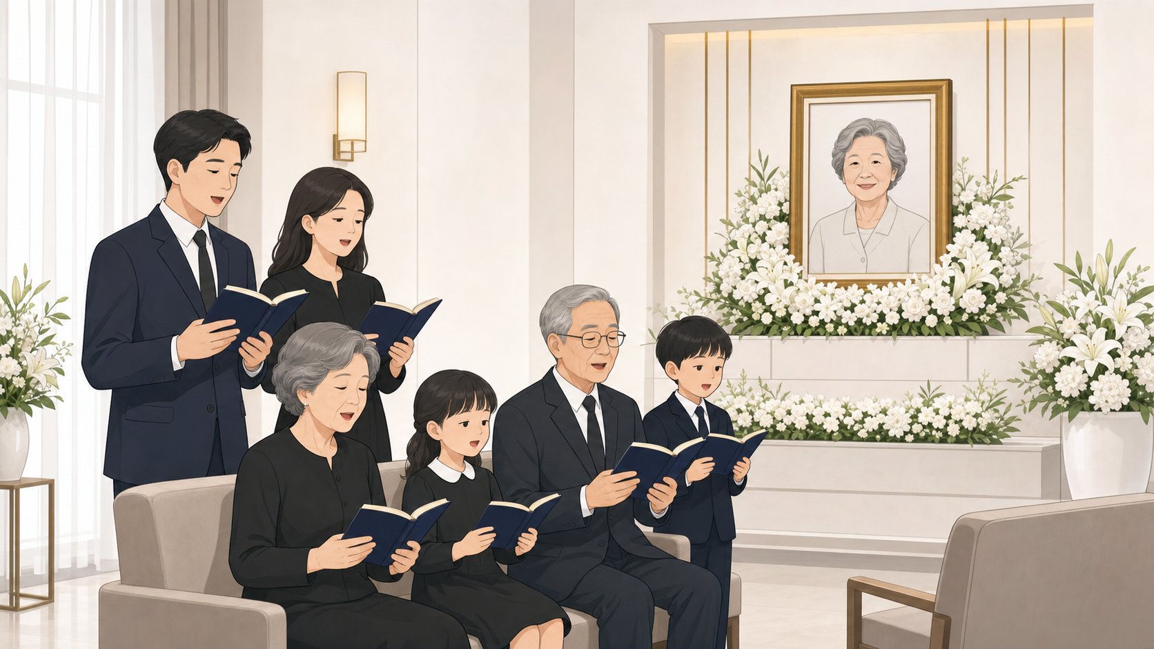 사진과 흰 꽃으로 꾸민 빈소에서 찬송하며 예배드리는 기독교 장례 모습