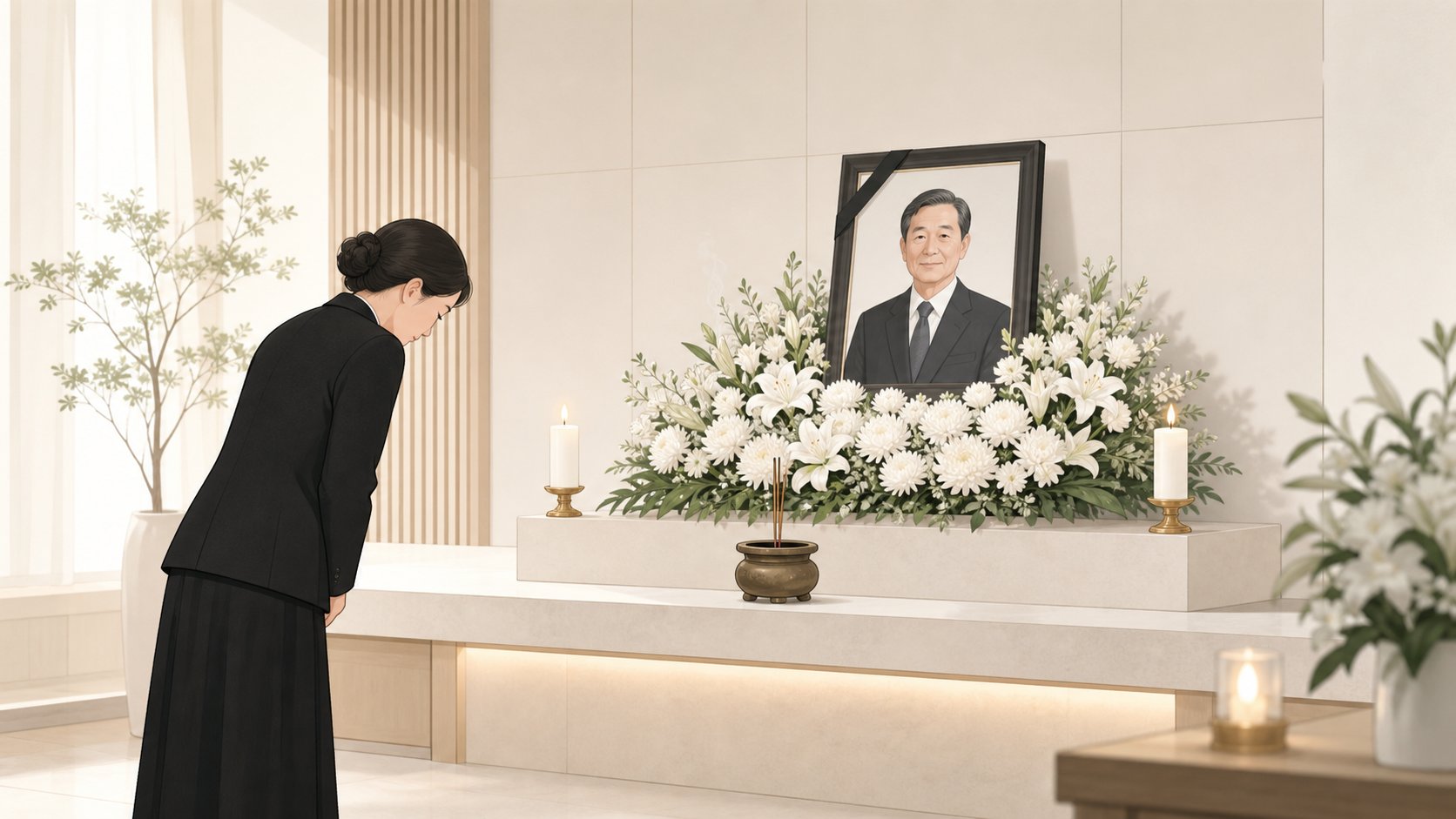 향과 초가 놓인 빈소에서 차분히 절하며 조문하는 불교 장례 모습